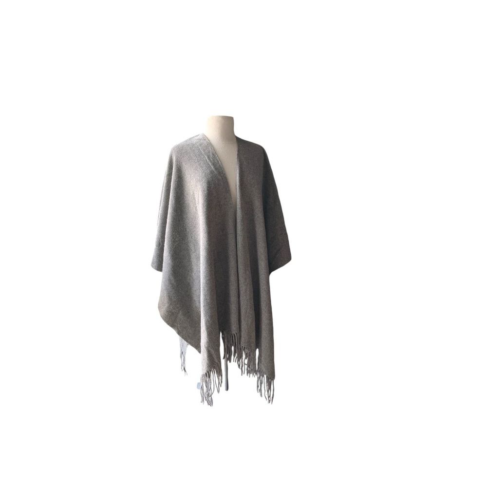 BABATON Grey Wool Fringed Poncho Wrap